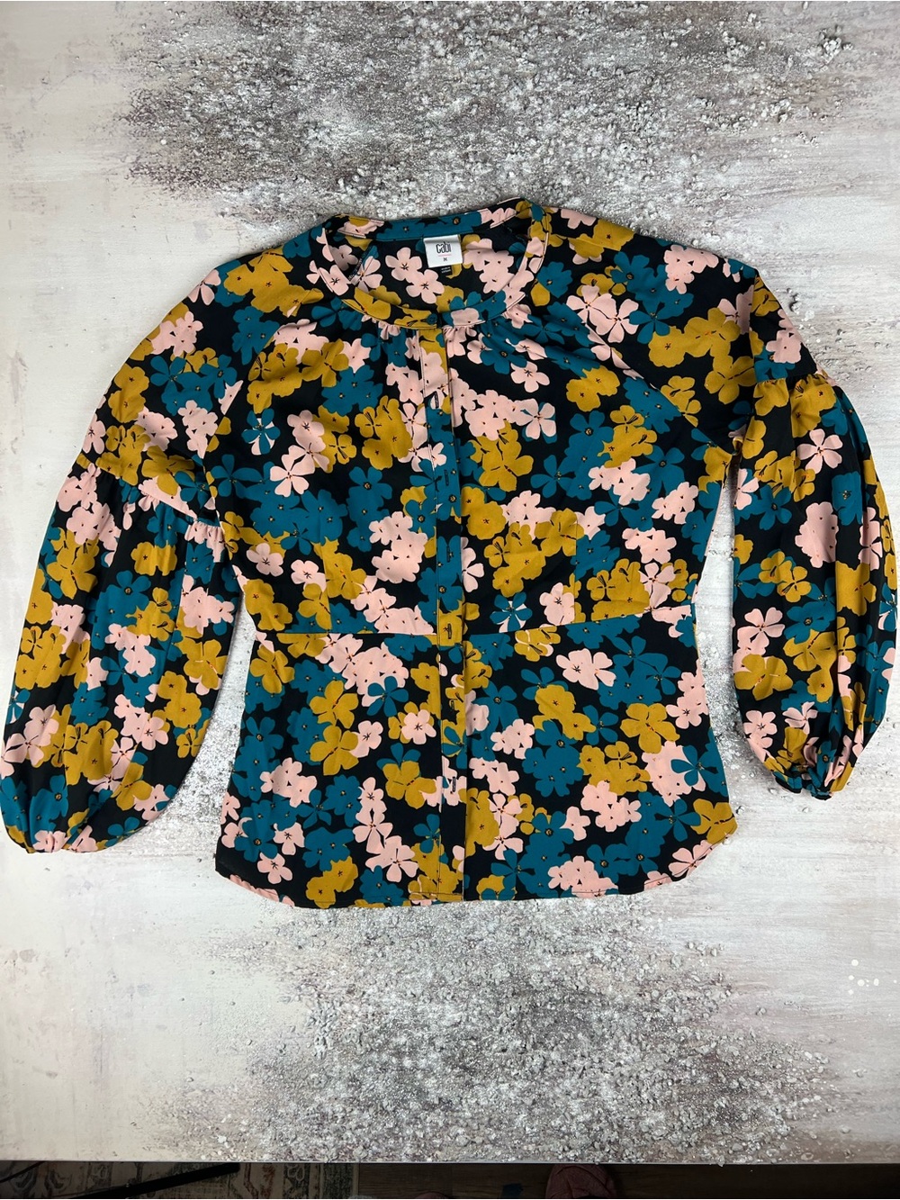 Cabi Floral Puff Sleeve Blouse - Pink, Teal ,black & Mustard Medium